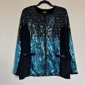 Joan Boyce HSN Ponte Long Sleeve Sequin Jacket in Turquoise Size Large NEW
